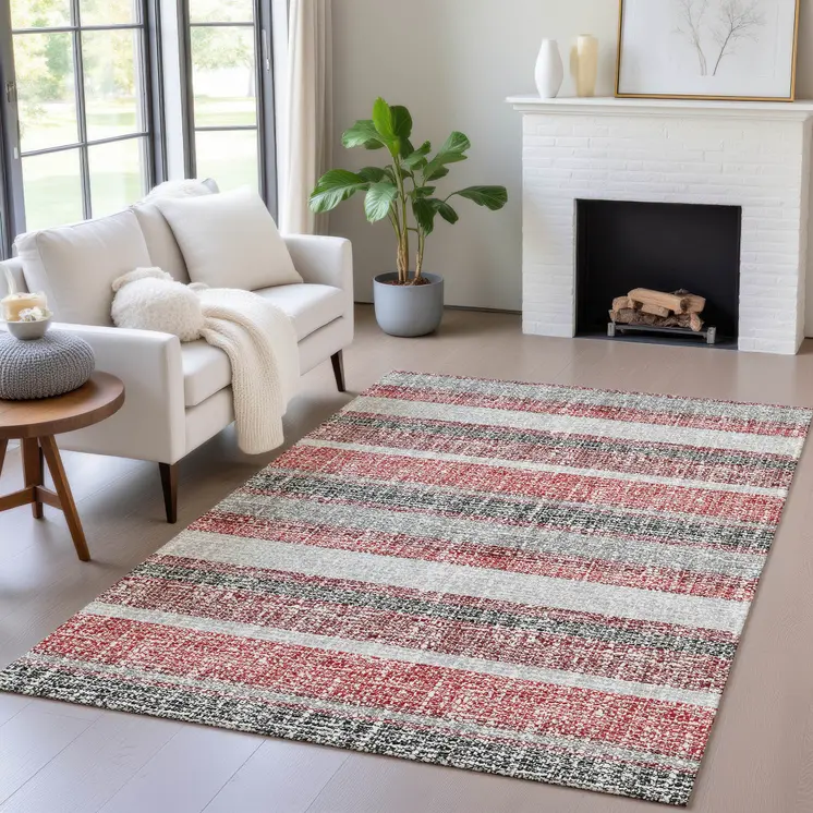 5' X 8' Burgundy And Silver Striped Washable Indoor Outdoor Area Rug