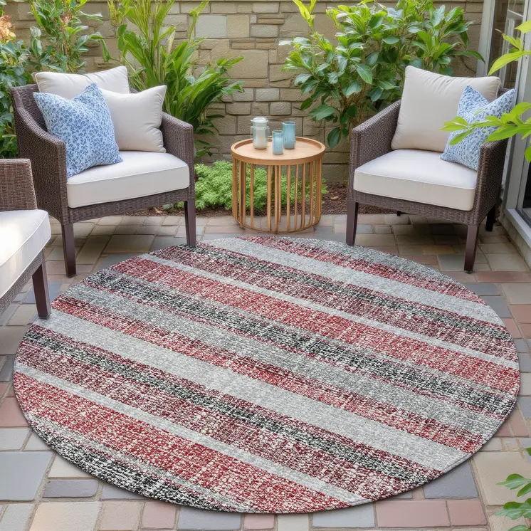 8' Burgundy And Silver Round Striped Washable Indoor Outdoor Area Rug
