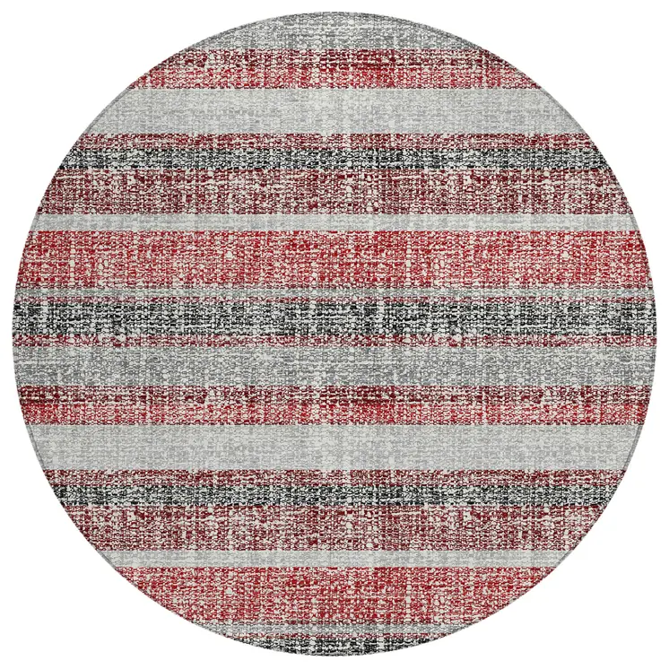 8' Burgundy And Silver Round Striped Washable Indoor Outdoor Area Rug