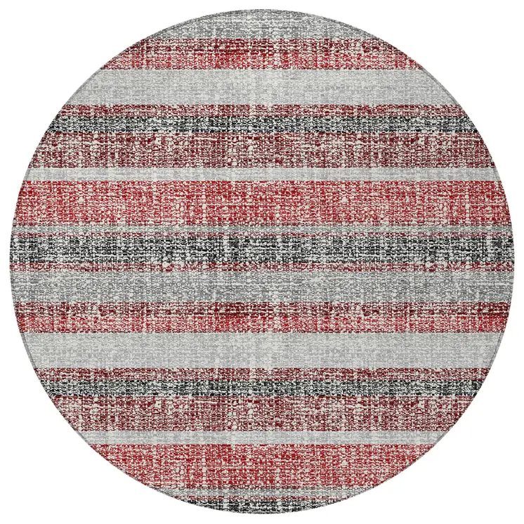 8' Burgundy And Silver Round Striped Washable Indoor Outdoor Area Rug