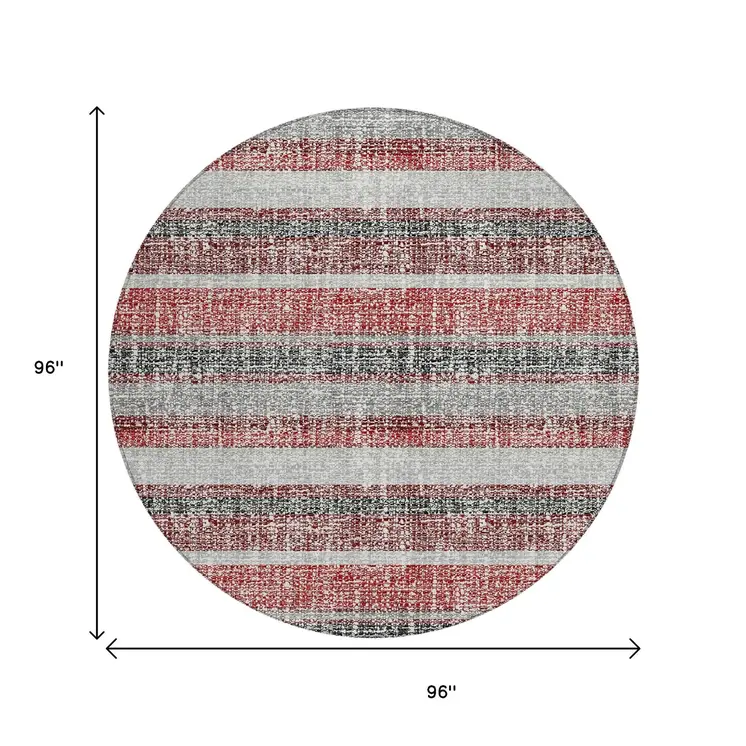 8' Burgundy And Silver Round Striped Washable Indoor Outdoor Area Rug