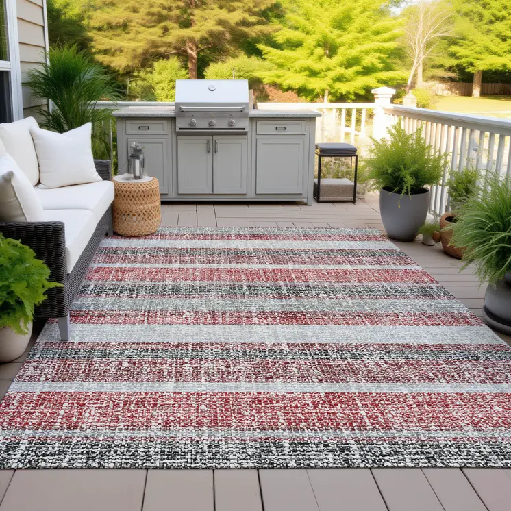 10' X 14' Burgundy And Silver Striped Washable Indoor Outdoor Area Rug
