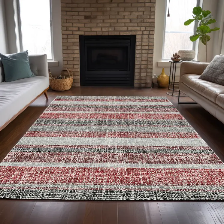 10' X 14' Burgundy And Silver Striped Washable Indoor Outdoor Area Rug