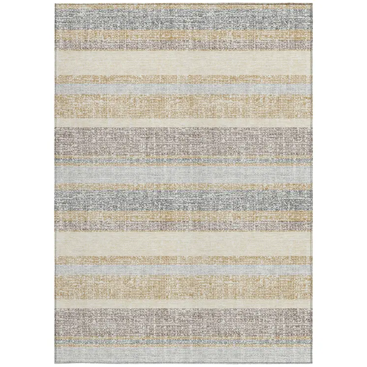 5' X 8' Gold And Silver Striped Washable Indoor Outdoor Area Rug