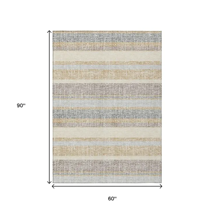 5' X 8' Gold And Silver Striped Washable Indoor Outdoor Area Rug