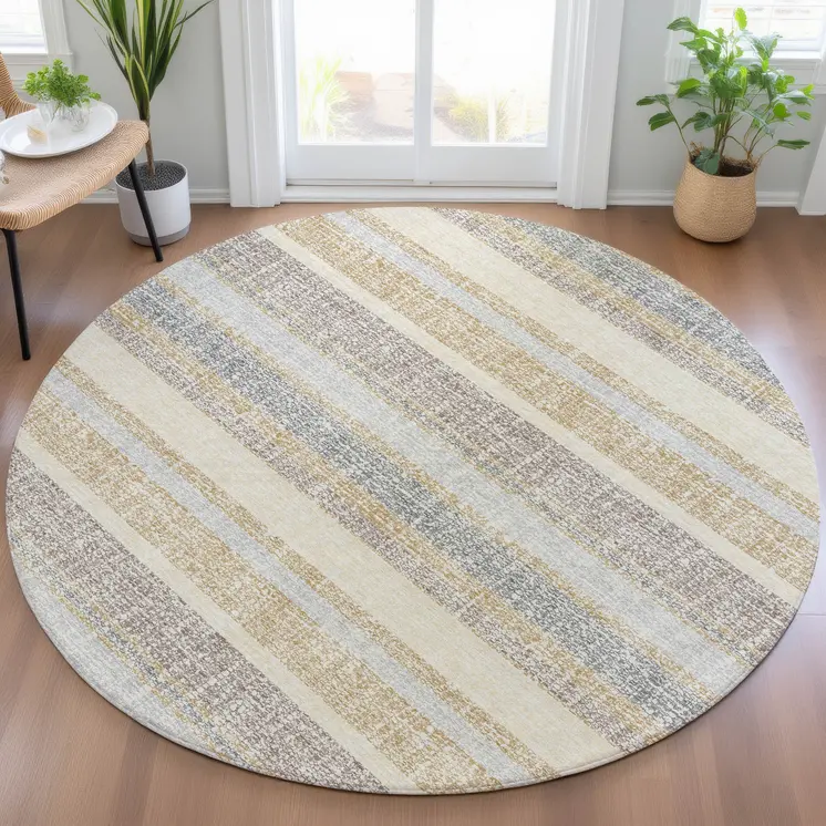 8' Gold And Silver Round Striped Washable Indoor Outdoor Area Rug