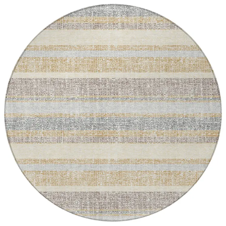 8' Gold And Silver Round Striped Washable Indoor Outdoor Area Rug
