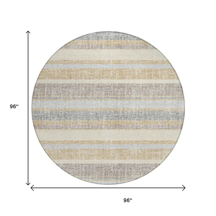 8' Gold And Silver Round Striped Washable Indoor Outdoor Area Rug