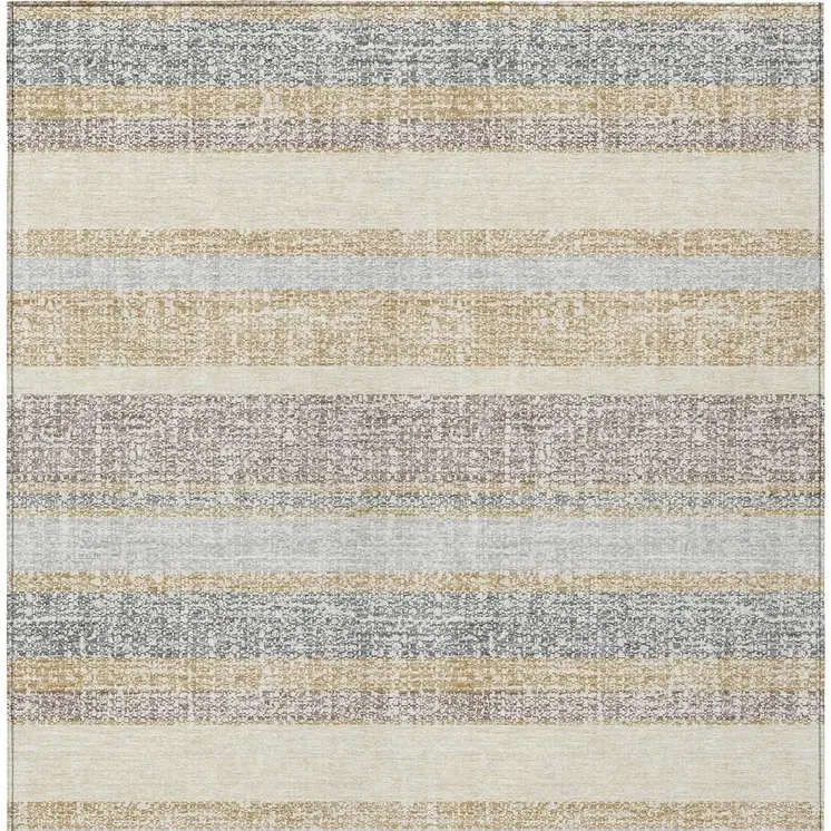 10' X 14' Gold And Silver Striped Washable Indoor Outdoor Area Rug