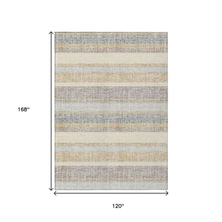 10' X 14' Gold And Silver Striped Washable Indoor Outdoor Area Rug