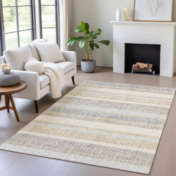 10' X 14' Gold And Silver Striped Washable Indoor Outdoor Area Rug