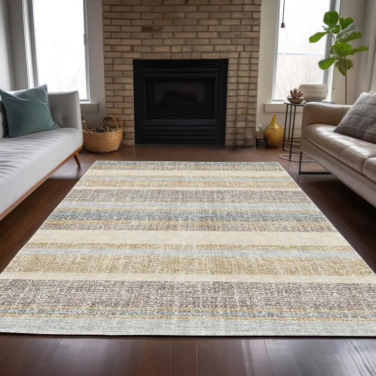 10' X 14' Gold And Silver Striped Washable Indoor Outdoor Area Rug