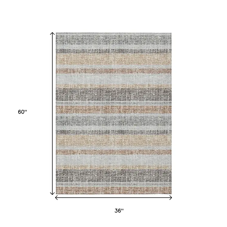 3' X 5' Gray And Silver Striped Washable Indoor Outdoor Area Rug