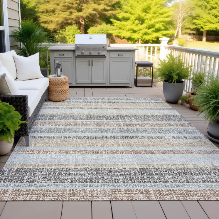 3' X 5' Gray And Silver Striped Washable Indoor Outdoor Area Rug