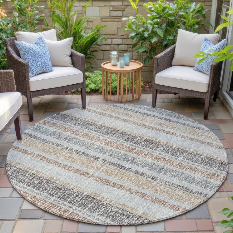 8' Gray And Silver Round Striped Washable Indoor Outdoor Area Rug