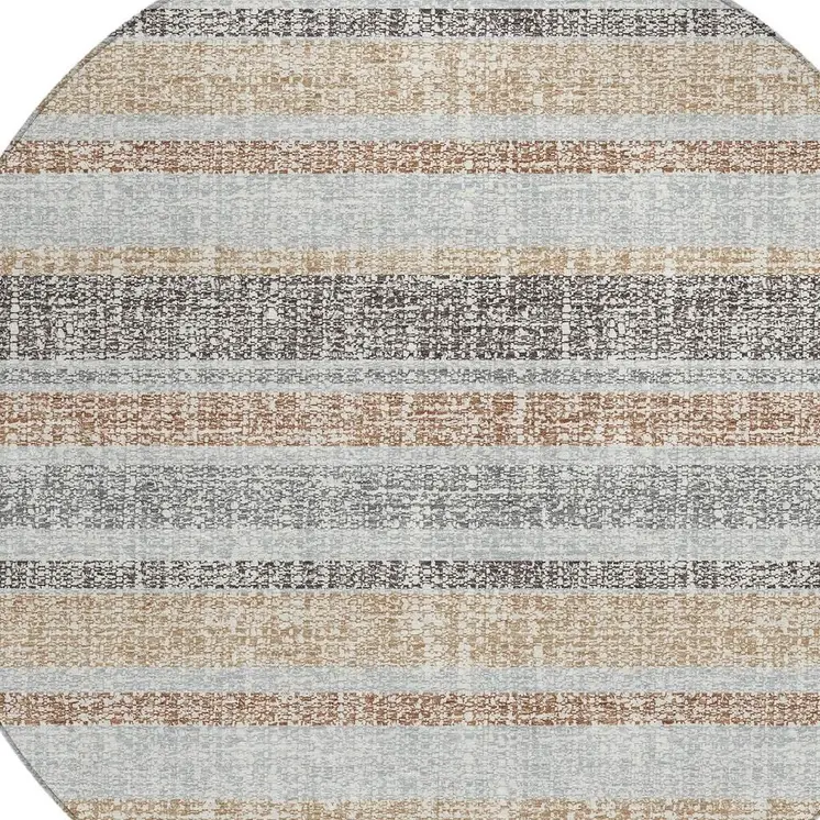 8' Gray And Silver Round Striped Washable Indoor Outdoor Area Rug
