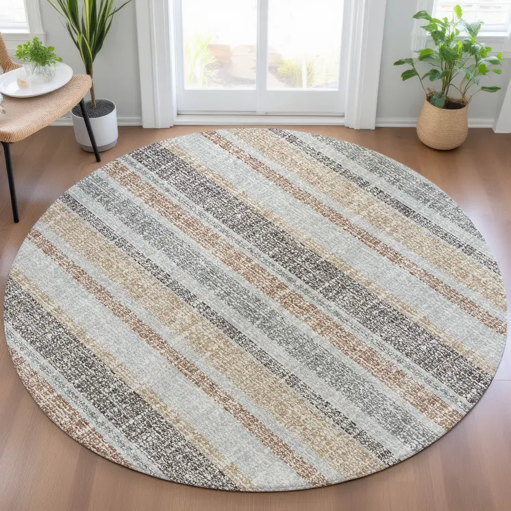 8' Gray And Silver Round Striped Washable Indoor Outdoor Area Rug