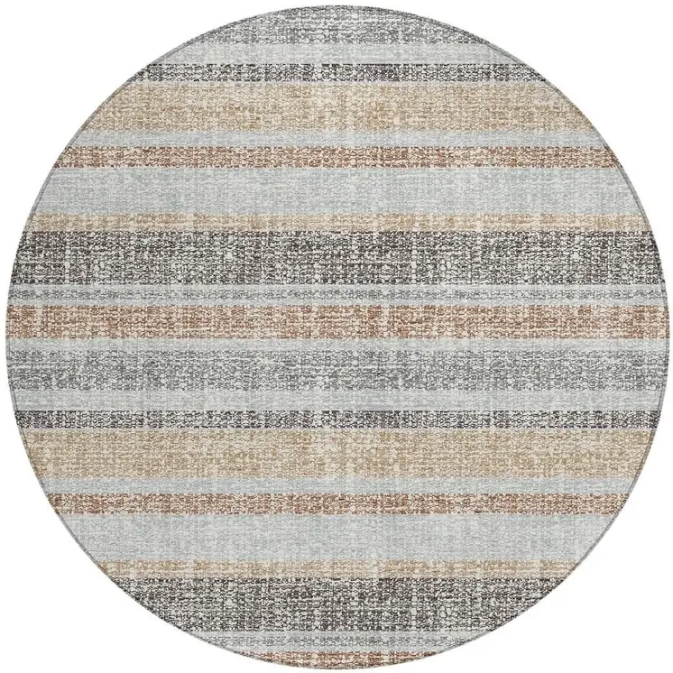 8' Gray And Silver Round Striped Washable Indoor Outdoor Area Rug