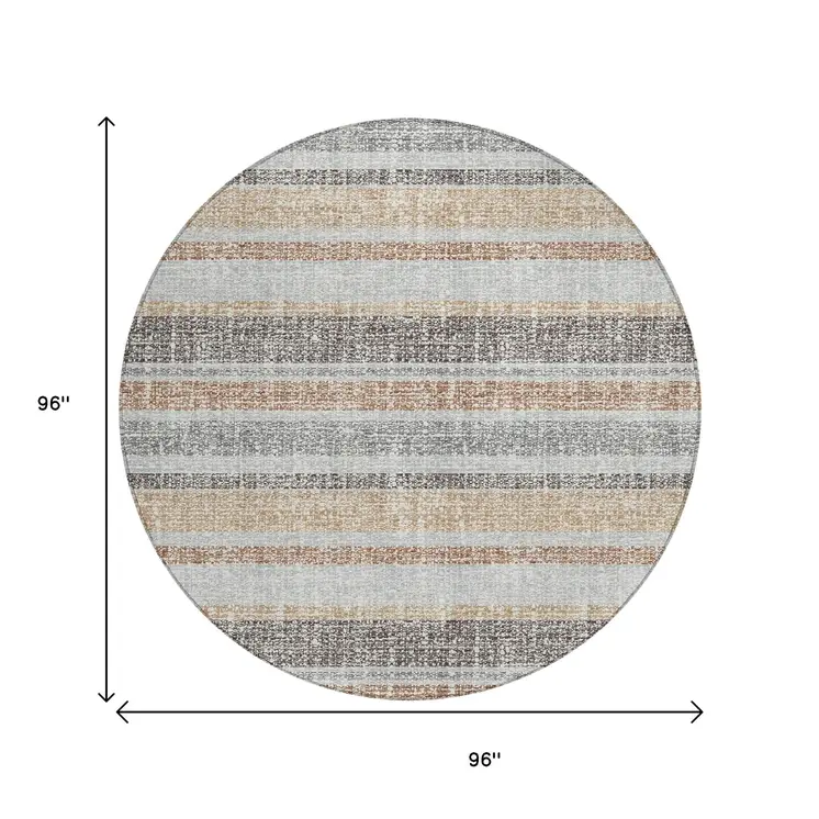8' Gray And Silver Round Striped Washable Indoor Outdoor Area Rug