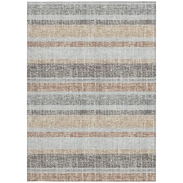 8' X 10' Gray And Silver Striped Washable Indoor Outdoor Area Rug