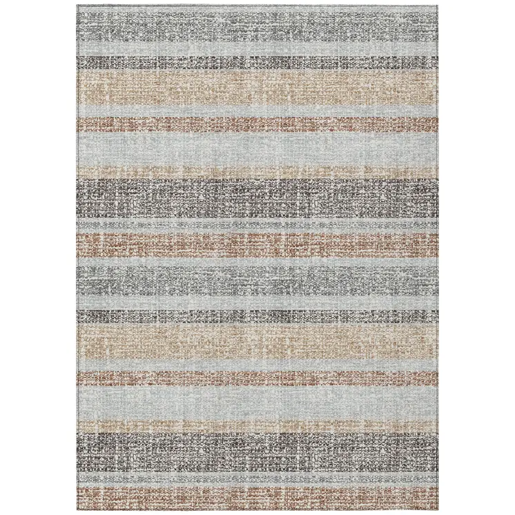 8' X 10' Gray And Silver Striped Washable Indoor Outdoor Area Rug