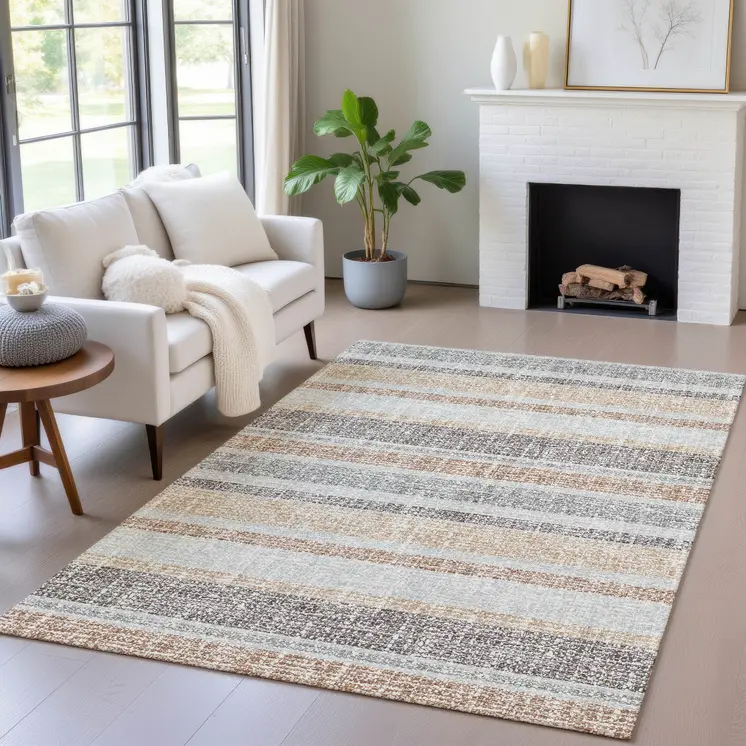 8' X 10' Gray And Silver Striped Washable Indoor Outdoor Area Rug