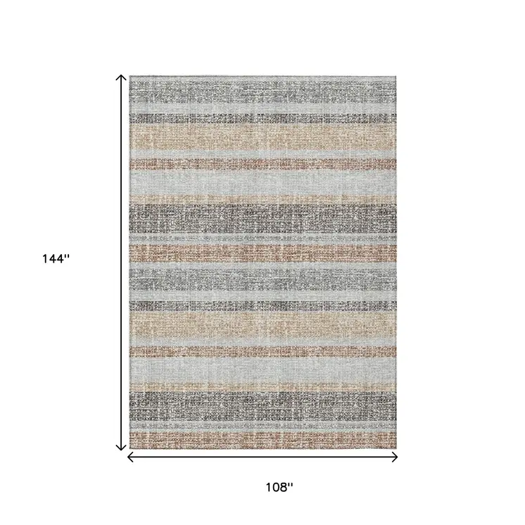 9' X 12' Gray And Silver Striped Washable Indoor Outdoor Area Rug