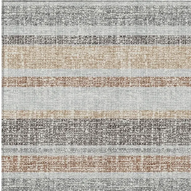 9' X 12' Gray And Silver Striped Washable Indoor Outdoor Area Rug