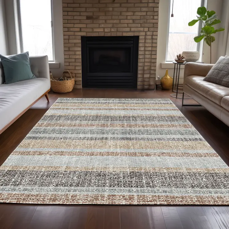9' X 12' Gray And Silver Striped Washable Indoor Outdoor Area Rug