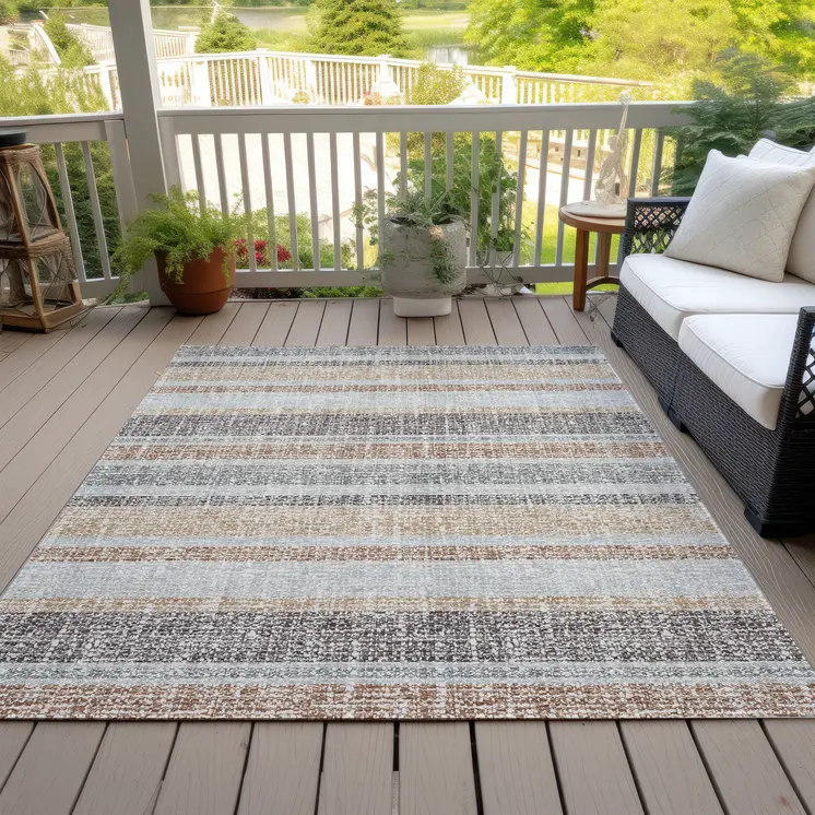 9' X 12' Gray And Silver Striped Washable Indoor Outdoor Area Rug