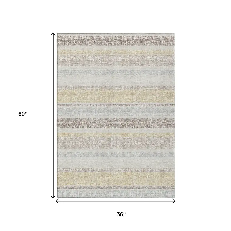 3' X 5' Ivory And Beige Striped Washable Indoor Outdoor Area Rug