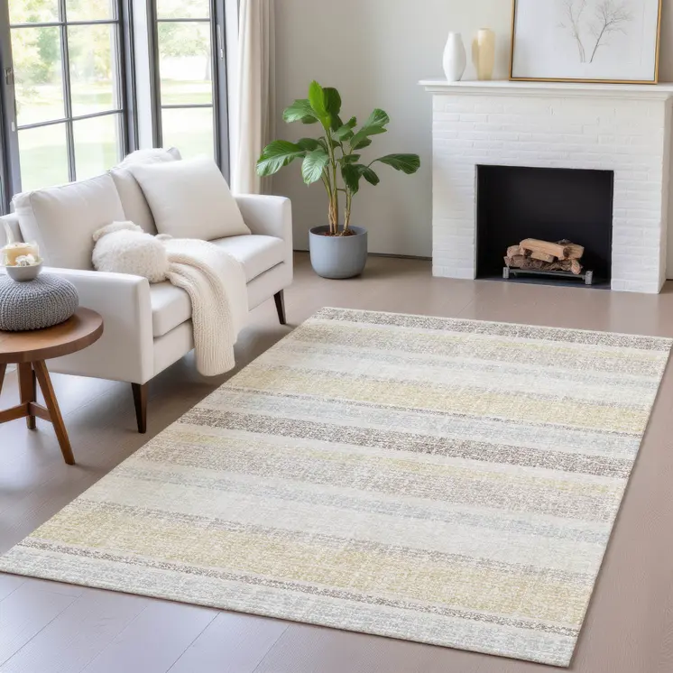 3' X 5' Ivory And Beige Striped Washable Indoor Outdoor Area Rug
