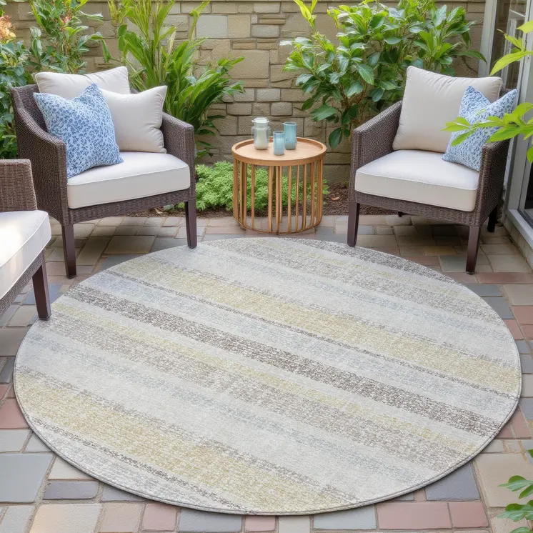 8' Ivory And Beige Round Striped Washable Indoor Outdoor Area Rug