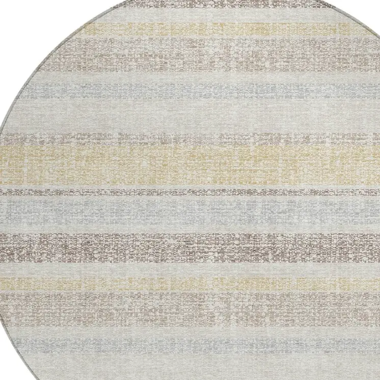 8' Ivory And Beige Round Striped Washable Indoor Outdoor Area Rug