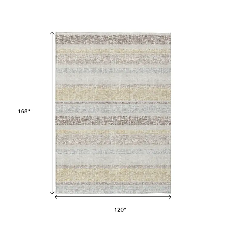 10' X 14' Ivory And Beige Striped Washable Indoor Outdoor Area Rug