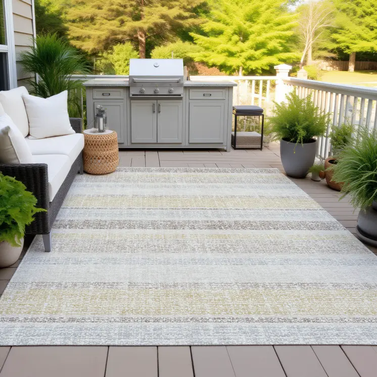 10' X 14' Ivory And Beige Striped Washable Indoor Outdoor Area Rug