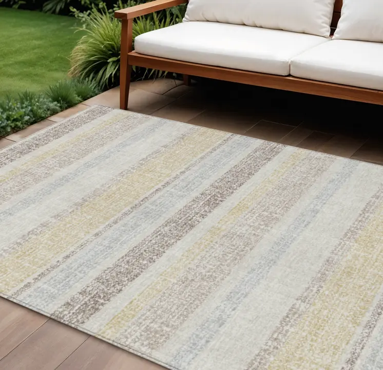 10' X 14' Ivory And Beige Striped Washable Indoor Outdoor Area Rug