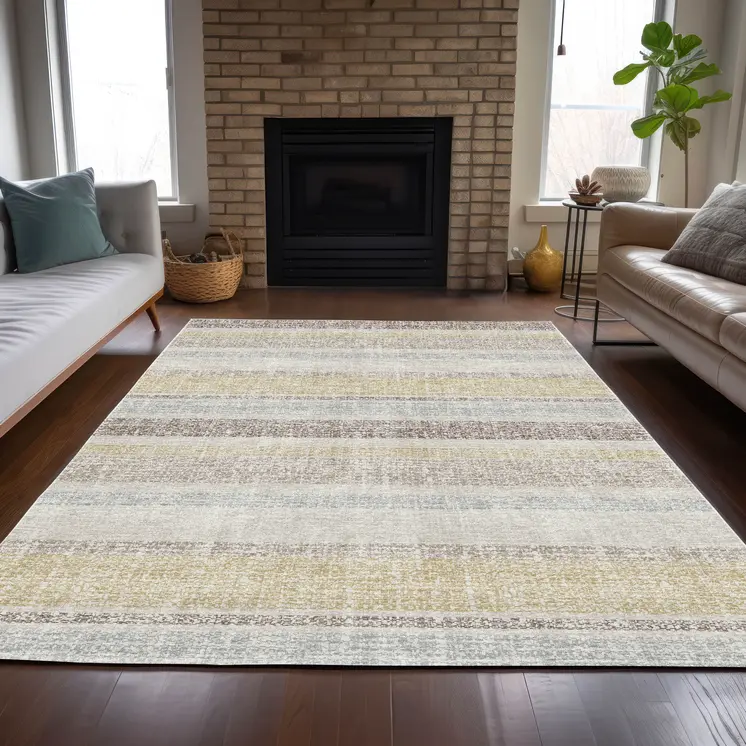 10' X 14' Ivory And Beige Striped Washable Indoor Outdoor Area Rug