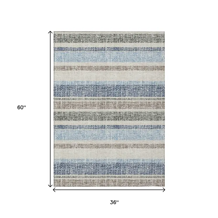 3' X 5' Navy Blue And Beige Striped Washable Indoor Outdoor Area Rug