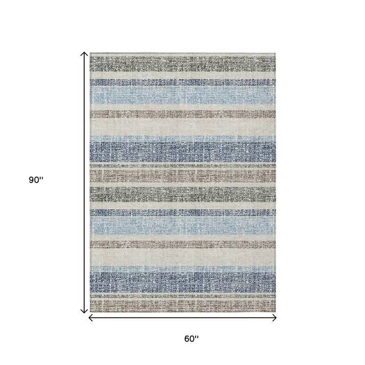 5' X 8' Navy Blue And Beige Striped Washable Indoor Outdoor Area Rug