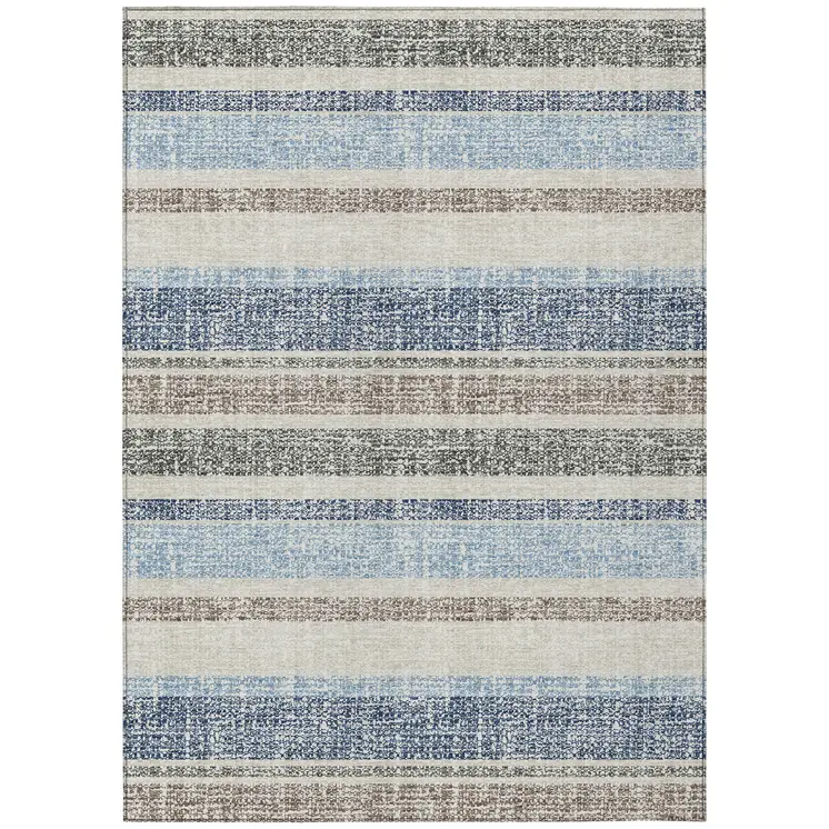 5' X 8' Navy Blue And Beige Striped Washable Indoor Outdoor Area Rug