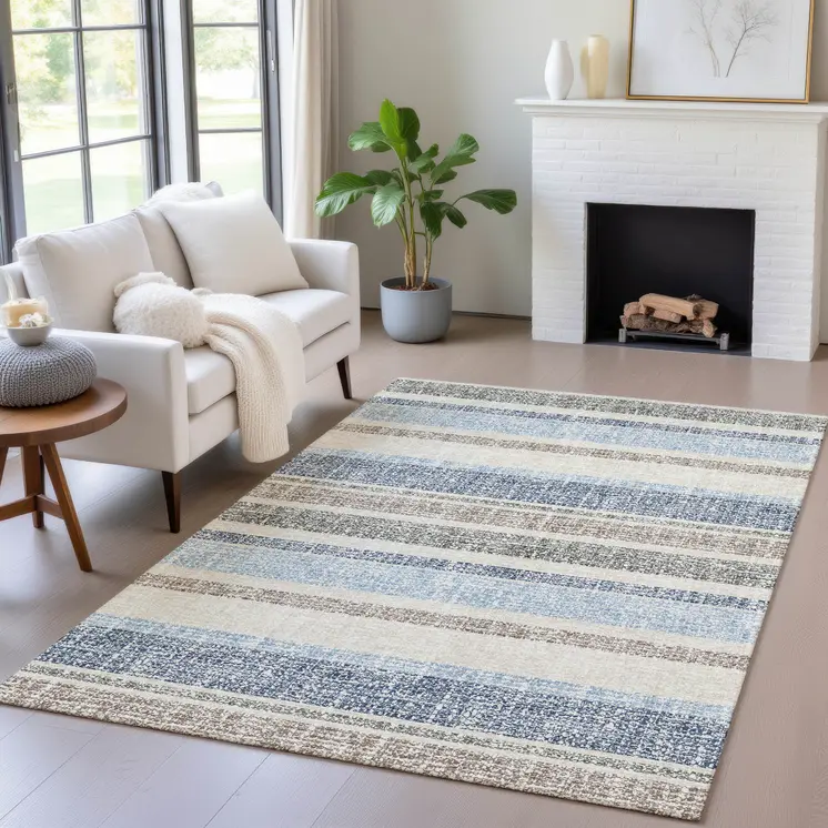 5' X 8' Navy Blue And Beige Striped Washable Indoor Outdoor Area Rug