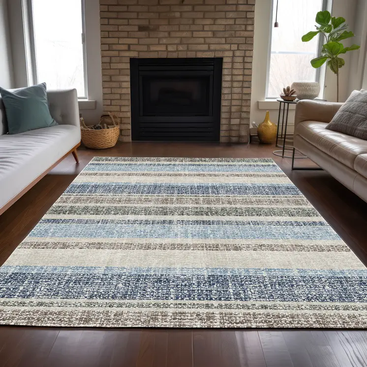 5' X 8' Navy Blue And Beige Striped Washable Indoor Outdoor Area Rug
