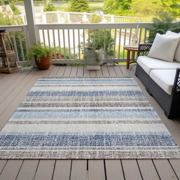 5' X 8' Navy Blue And Beige Striped Washable Indoor Outdoor Area Rug