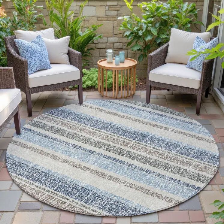 8' Navy Blue And Beige Round Striped Washable Indoor Outdoor Area Rug