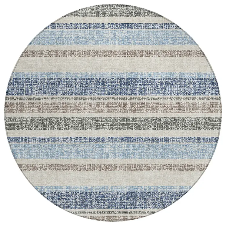 8' Navy Blue And Beige Round Striped Washable Indoor Outdoor Area Rug