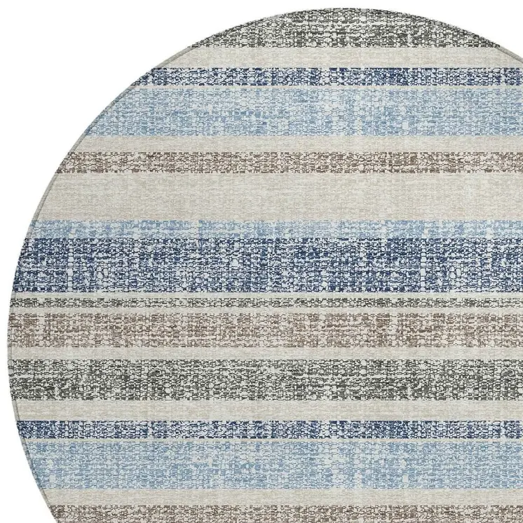 8' Navy Blue And Beige Round Striped Washable Indoor Outdoor Area Rug