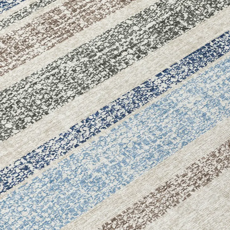 8' Navy Blue And Beige Round Striped Washable Indoor Outdoor Area Rug