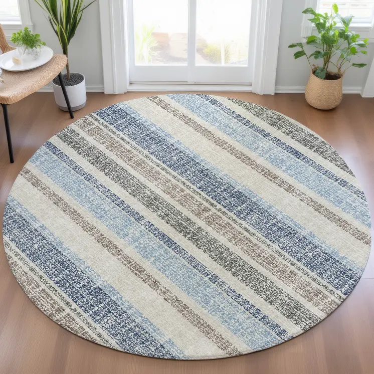 8' Navy Blue And Beige Round Striped Washable Indoor Outdoor Area Rug
