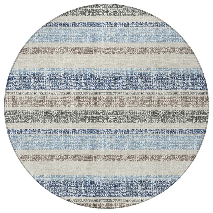 8' Navy Blue And Beige Round Striped Washable Indoor Outdoor Area Rug